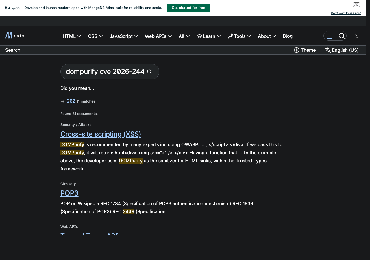 Official documentation for dompurify cve 2026-2449