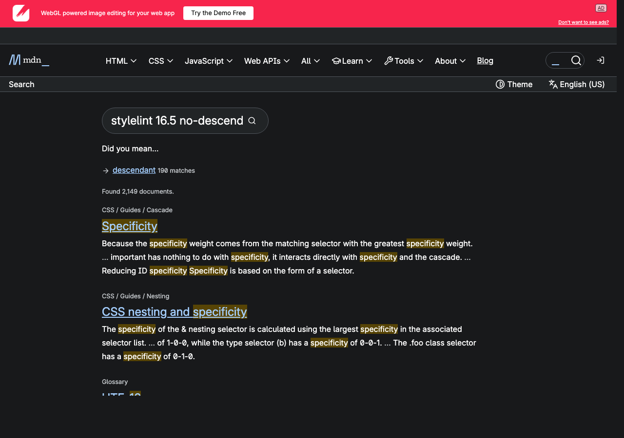 Official documentation for stylelint 16.5 no-descending-specificity