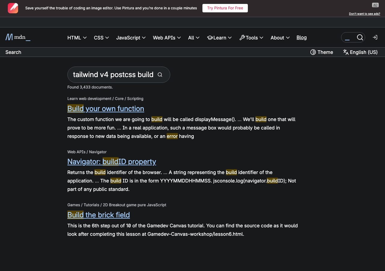 Official documentation for tailwind v4 postcss build error