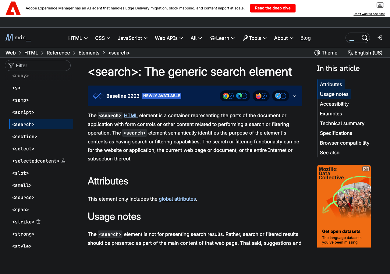 MDN docs page for the HTML search element