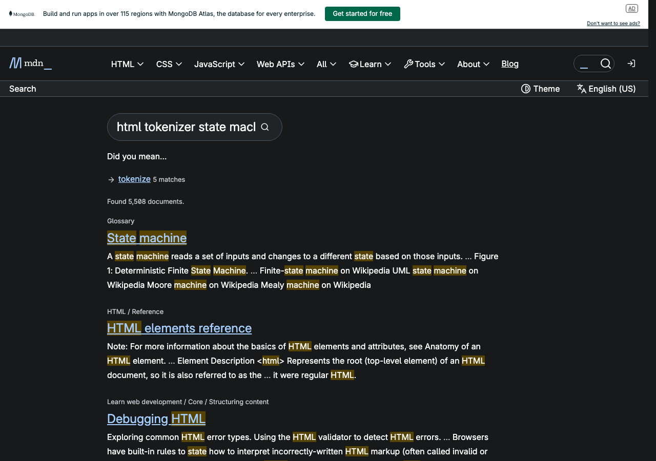 Official documentation for html tokenizer state machine
