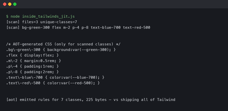Terminal output for Inside Tailwind's JIT Compiler: How Class Scanning and AOT Generation Work