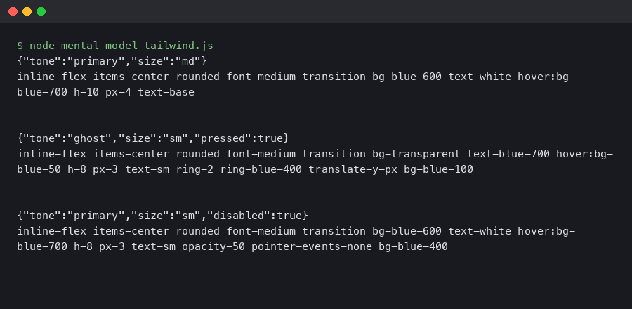 Terminal output for The Mental Model for Tailwind Variants and Component State APIs